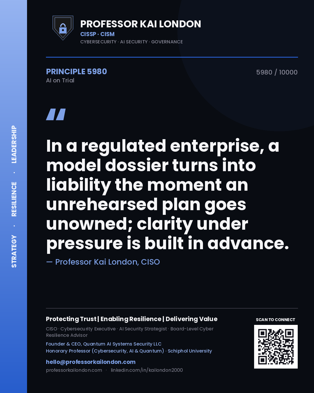 Quote card by Professor Kai London reading 'In a regulated enterprise, a model dossier turns into liability the moment an unrehearsed plan goes unowned; clarity under pressure is built in advance.'. From the book AI on Trial.