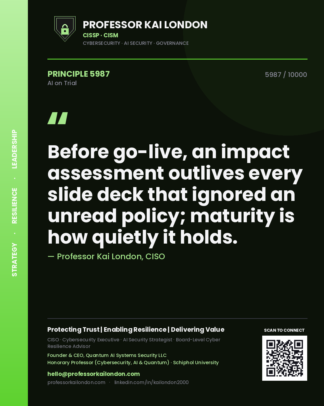 Quote card by Professor Kai London reading 'Before go-live, an impact assessment outlives every slide deck that ignored an unread policy; maturity is how quietly it holds.'. From the book AI on Trial.