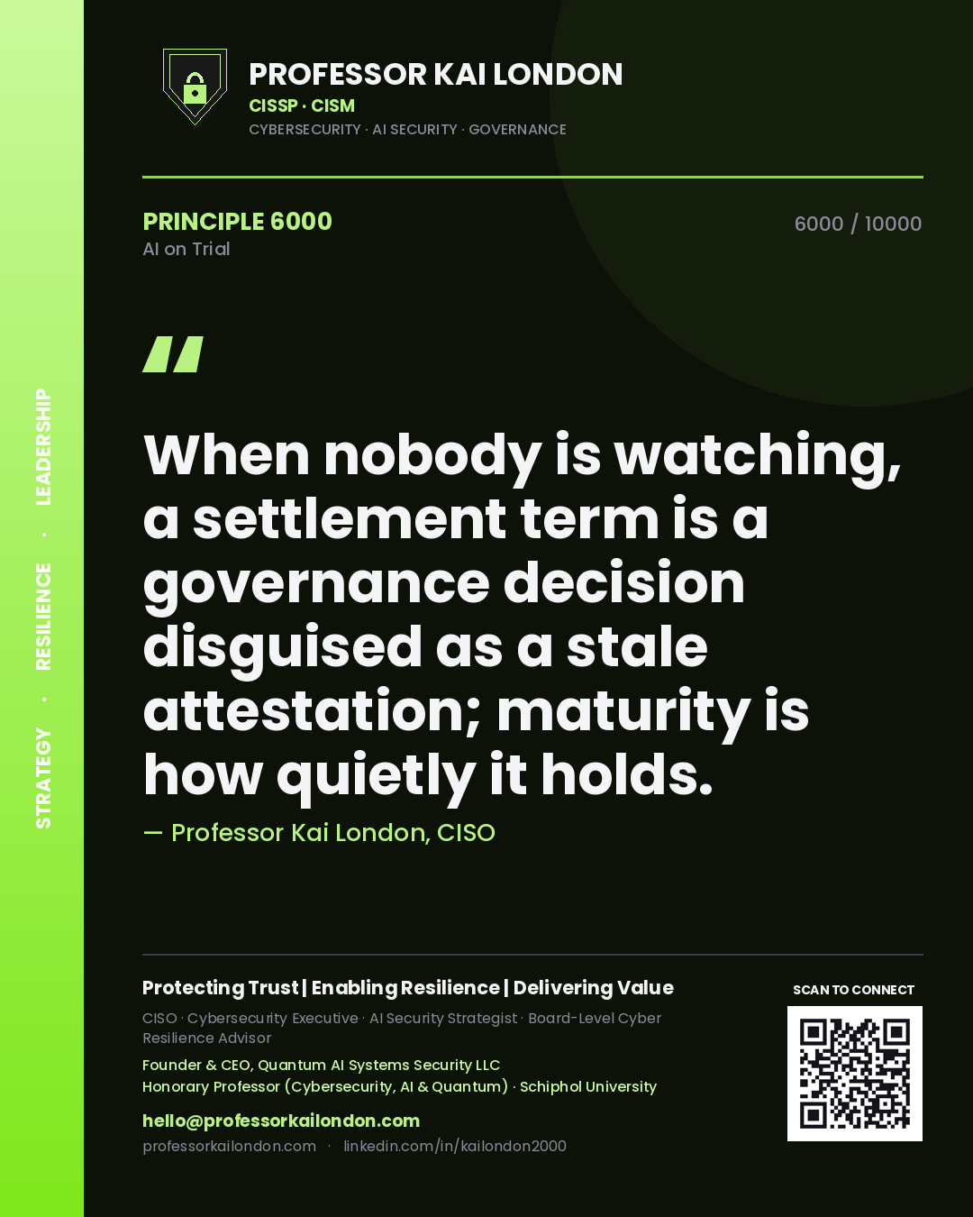 Quote card by Professor Kai London reading 'When nobody is watching, a settlement term is a governance decision disguised as a stale attestation; maturity is how quietly it holds.'. From the book AI on Trial.