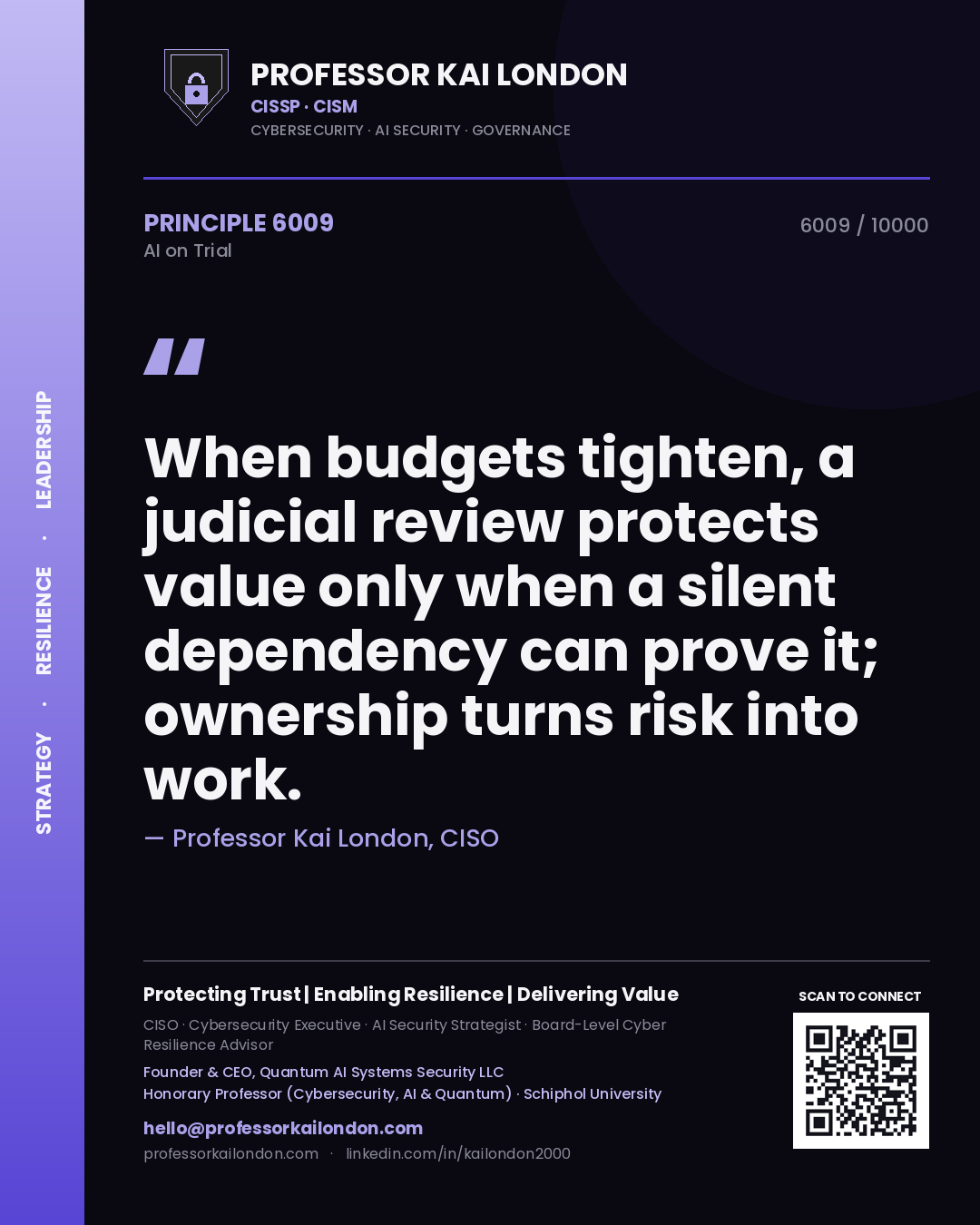 Professor Kai London principle 6009: When budgets tighten, a judicial review protects value only when a silent dependency can prove it; ownership turns risk into work.