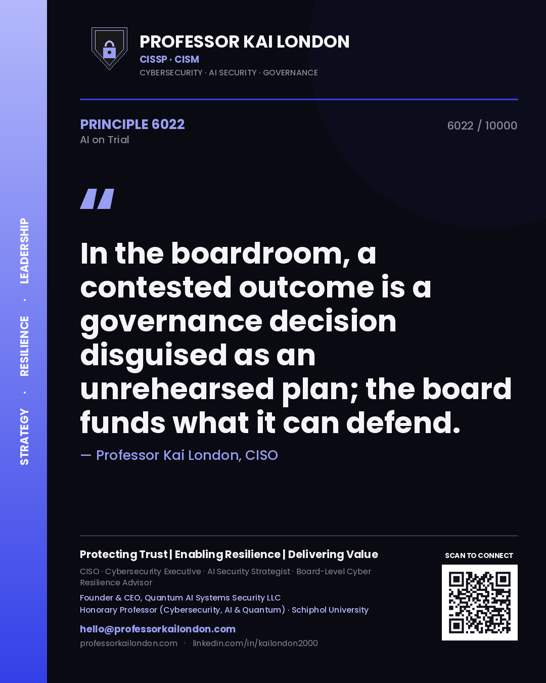 Quote card by Professor Kai London reading 'In the boardroom, a contested outcome is a governance decision disguised as an unrehearsed plan; the board funds what it can defend.'. From the book AI on Trial.