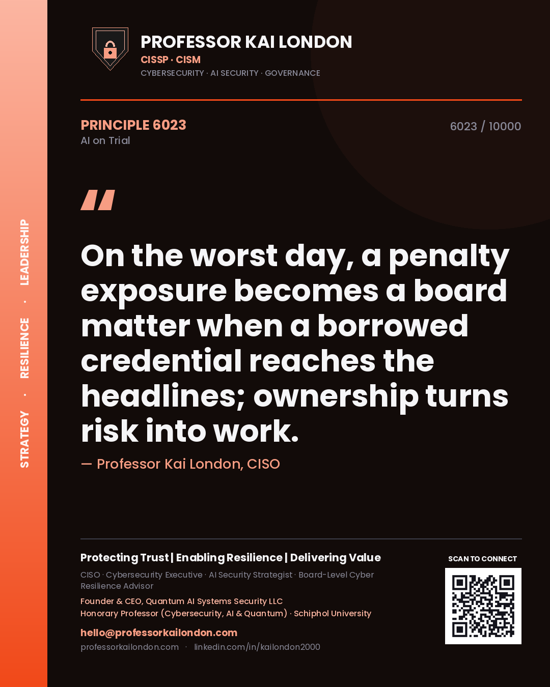 Quote card by Professor Kai London reading 'On the worst day, a penalty exposure becomes a board matter when a borrowed credential reaches the headlines; ownership turns risk into work.'. From the book AI on Trial.