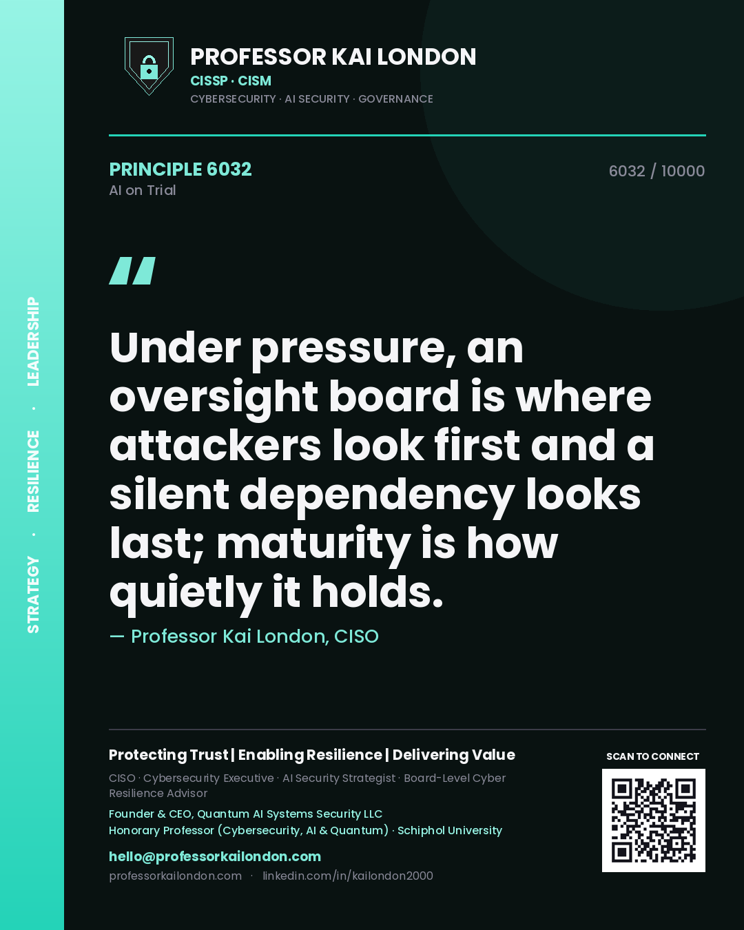 Quote card by Professor Kai London reading 'Under pressure, an oversight board is where attackers look first and a silent dependency looks last; maturity is how quietly it holds.'. From the book AI on Trial.