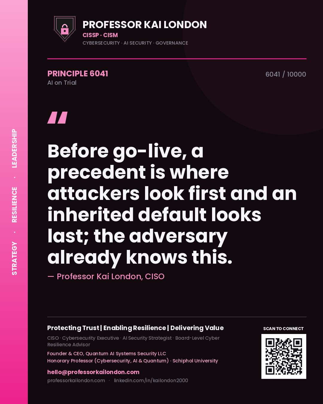 Quote card by Professor Kai London reading 'Before go-live, a precedent is where attackers look first and an inherited default looks last; the adversary already knows this.'. From the book AI on Trial.