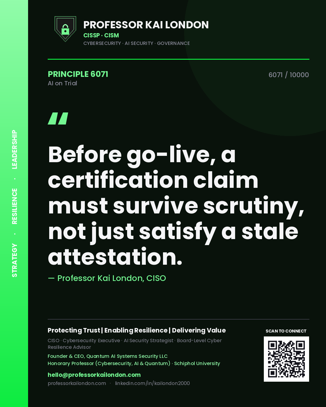 Quote card by Professor Kai London reading 'Before go-live, a certification claim must survive scrutiny, not just satisfy a stale attestation.'. From the book AI on Trial.