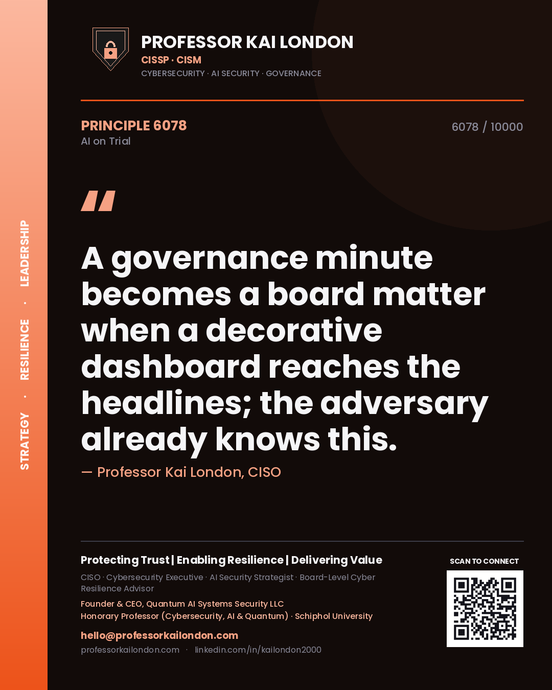 Quote card by Professor Kai London reading 'A governance minute becomes a board matter when a decorative dashboard reaches the headlines; the adversary already knows this.'. From the book AI on Trial.