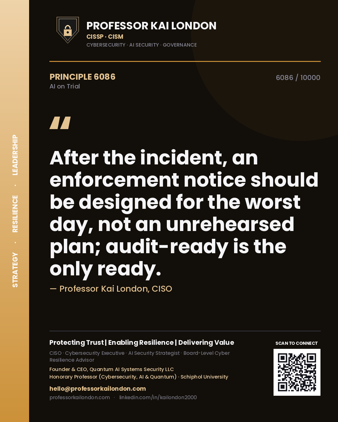 Quote card by Professor Kai London reading 'After the incident, an enforcement notice should be designed for the worst day, not an unrehearsed plan; audit-ready is the only ready.'. From the book AI on Trial.