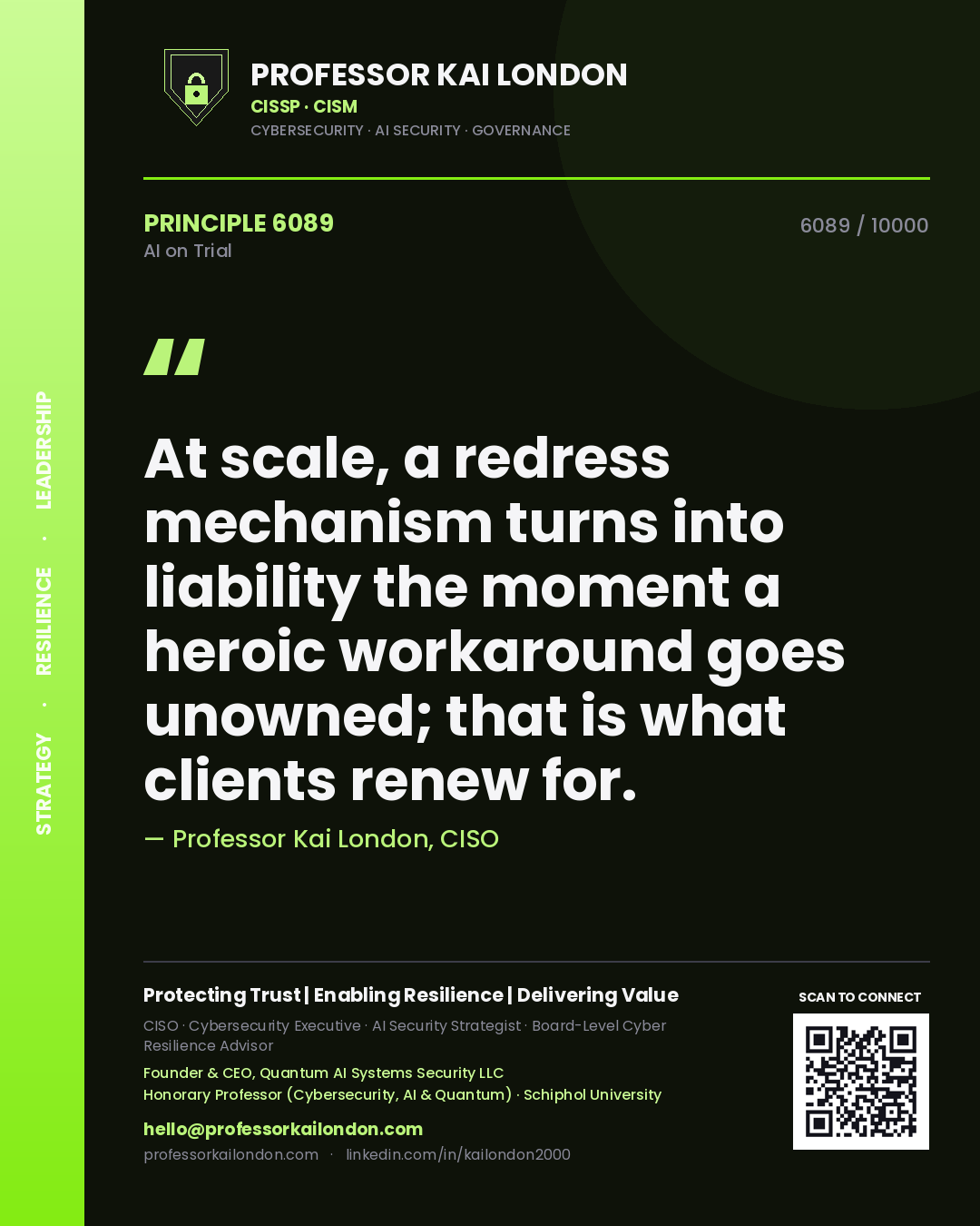 Quote card by Professor Kai London reading 'At scale, a redress mechanism turns into liability the moment a heroic workaround goes unowned; that is what clients renew for.'. From the book AI on Trial.