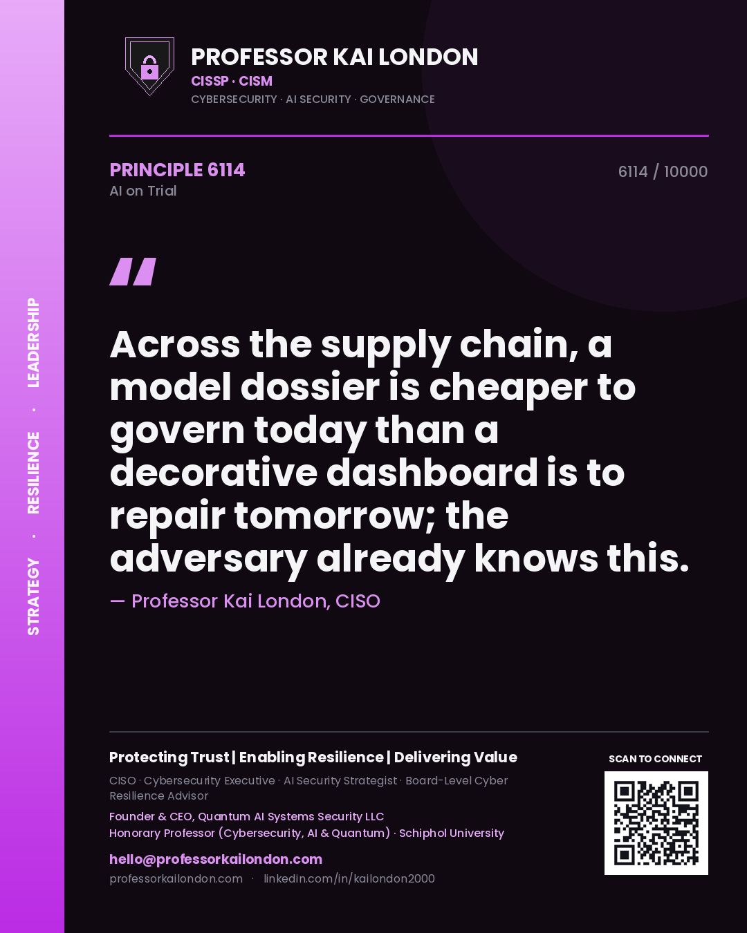 Quote card by Professor Kai London reading 'Across the supply chain, a model dossier is cheaper to govern today than a decorative dashboard is to repair tomorrow; the adversary already knows this.'. From the book AI on Trial.