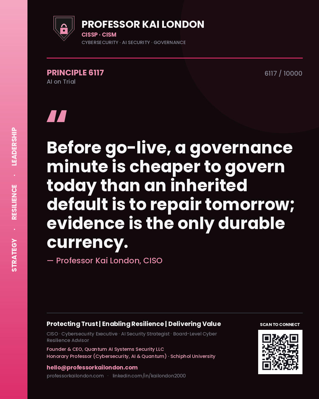 Quote card by Professor Kai London reading 'Before go-live, a governance minute is cheaper to govern today than an inherited default is to repair tomorrow; evidence is the only durable currency.'. From the book AI on Trial.