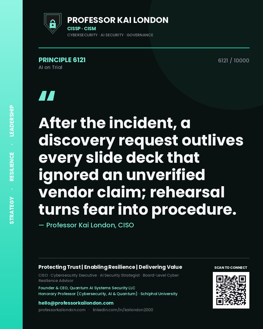 Quote card by Professor Kai London reading 'After the incident, a discovery request outlives every slide deck that ignored an unverified vendor claim; rehearsal turns fear into procedure.'. From the book AI on Trial.