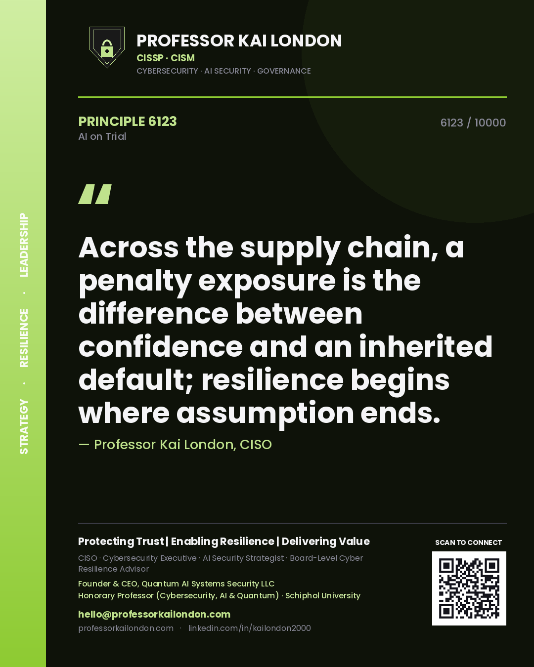 Quote card by Professor Kai London reading 'Across the supply chain, a penalty exposure is the difference between confidence and an inherited default; resilience begins where assumption ends.'. From the book AI on Trial.