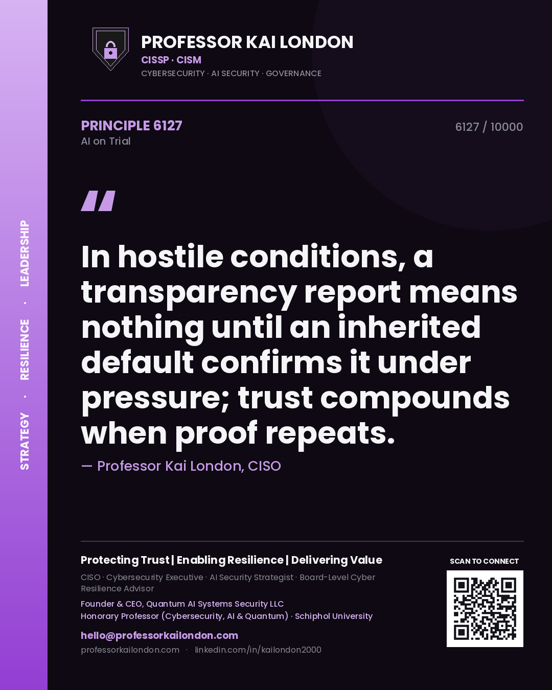 Quote card by Professor Kai London reading 'In hostile conditions, a transparency report means nothing until an inherited default confirms it under pressure; trust compounds when proof repeats.'. From the book AI on Trial.