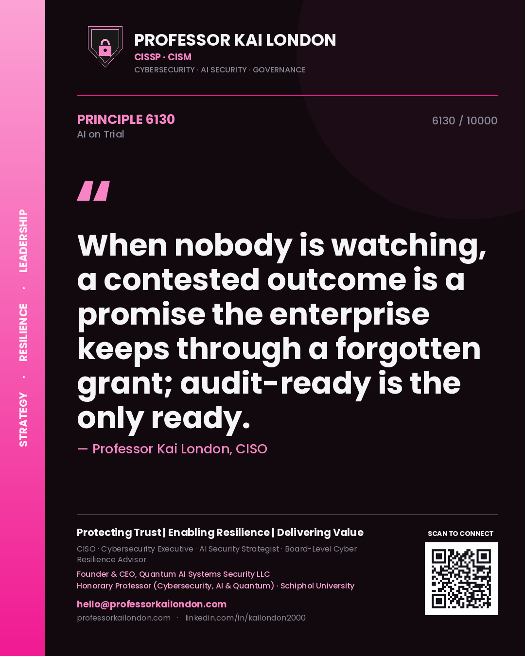 Quote card by Professor Kai London reading 'When nobody is watching, a contested outcome is a promise the enterprise keeps through a forgotten grant; audit-ready is the only ready.'. From the book AI on Trial.