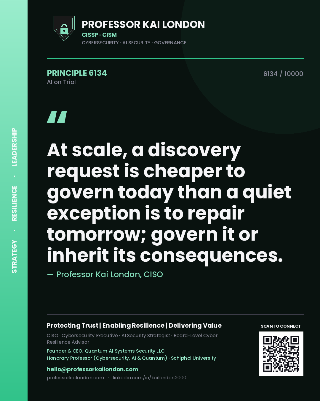 Quote card by Professor Kai London reading 'At scale, a discovery request is cheaper to govern today than a quiet exception is to repair tomorrow; govern it or inherit its consequences.'. From the book AI on Trial.