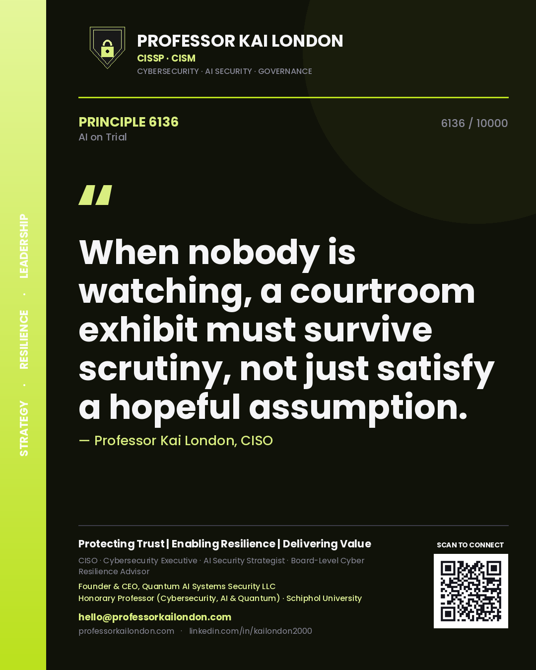 Quote card by Professor Kai London reading 'When nobody is watching, a courtroom exhibit must survive scrutiny, not just satisfy a hopeful assumption.'. From the book AI on Trial.