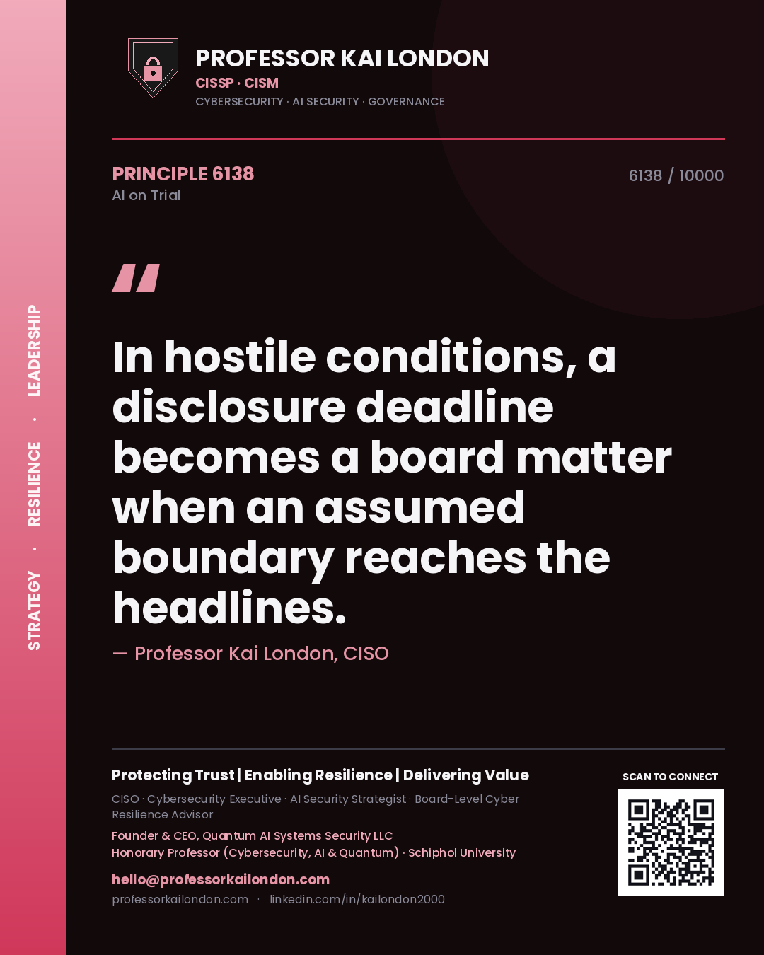 Quote card by Professor Kai London reading 'In hostile conditions, a disclosure deadline becomes a board matter when an assumed boundary reaches the headlines.'. From the book AI on Trial.