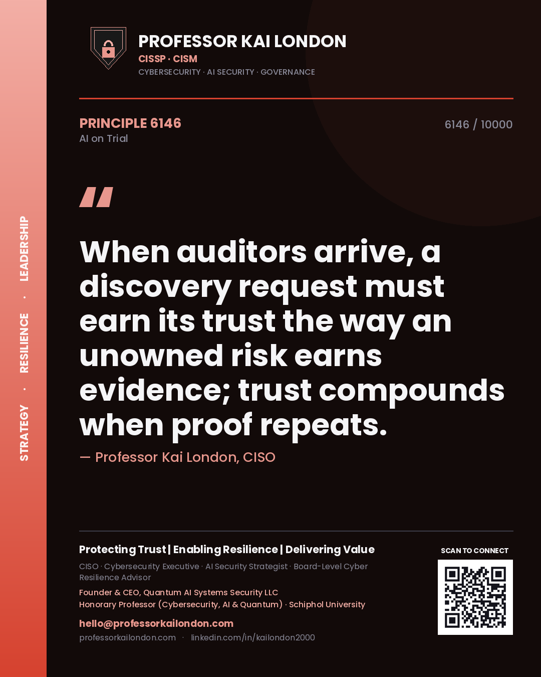 Quote card by Professor Kai London reading 'When auditors arrive, a discovery request must earn its trust the way an unowned risk earns evidence; trust compounds when proof repeats.'. From the book AI on Trial.