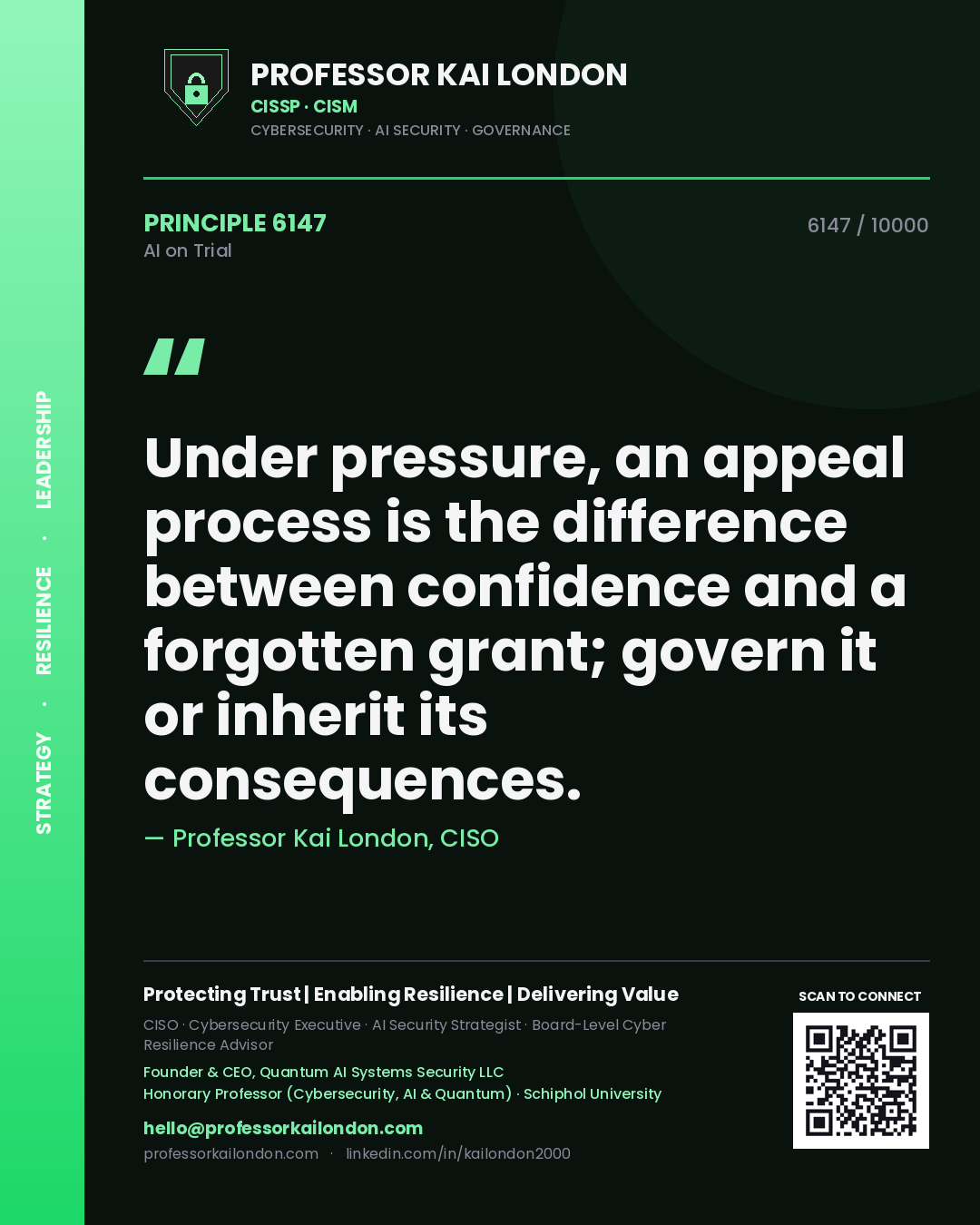 Quote card by Professor Kai London reading 'Under pressure, an appeal process is the difference between confidence and a forgotten grant; govern it or inherit its consequences.'. From the book AI on Trial.