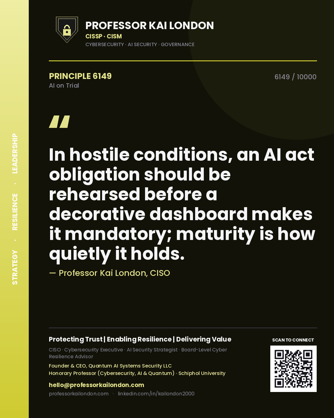 Quote card by Professor Kai London reading 'In hostile conditions, an AI act obligation should be rehearsed before a decorative dashboard makes it mandatory; maturity is how quietly it holds.'. From the book AI on Trial.