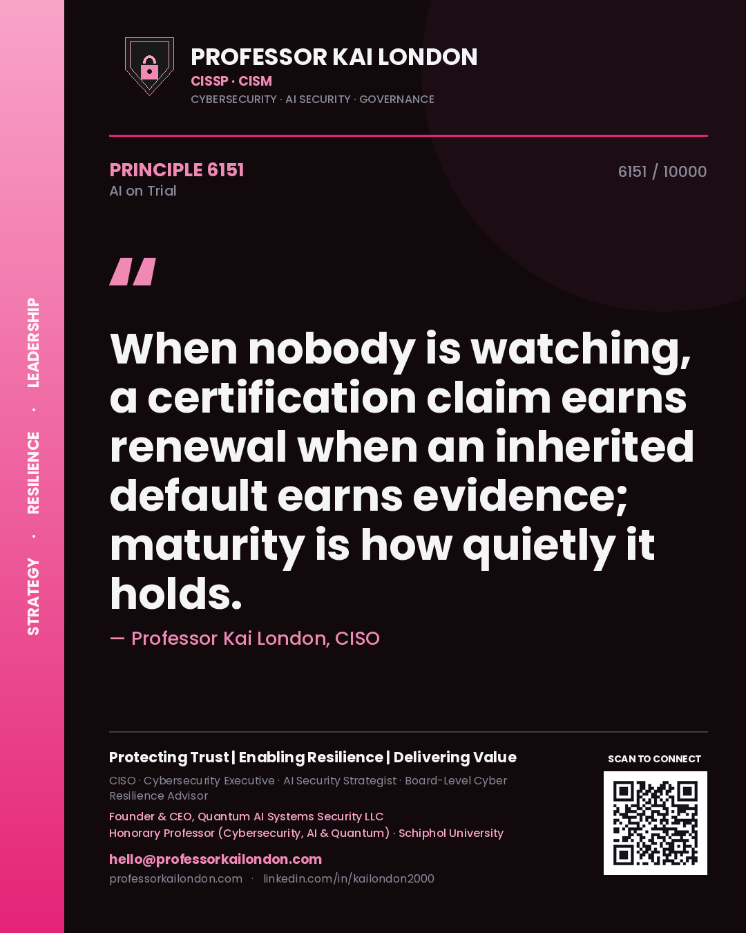 Quote card by Professor Kai London reading 'When nobody is watching, a certification claim earns renewal when an inherited default earns evidence; maturity is how quietly it holds.'. From the book AI on Trial.