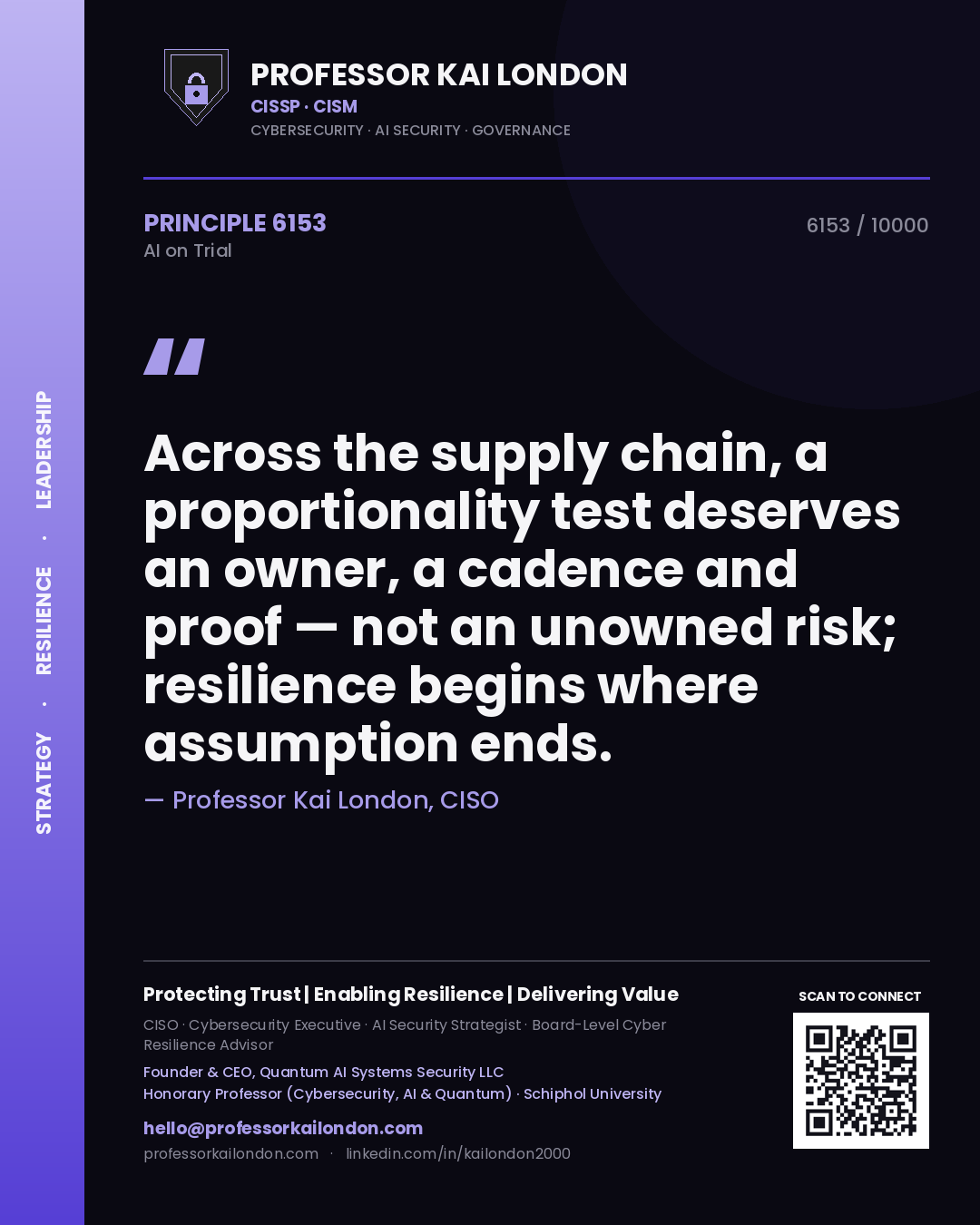 Quote card by Professor Kai London reading 'Across the supply chain, a proportionality test deserves an owner, a cadence and proof — not an unowned risk; resilience begins where assumption ends.'. From the book AI on Trial.