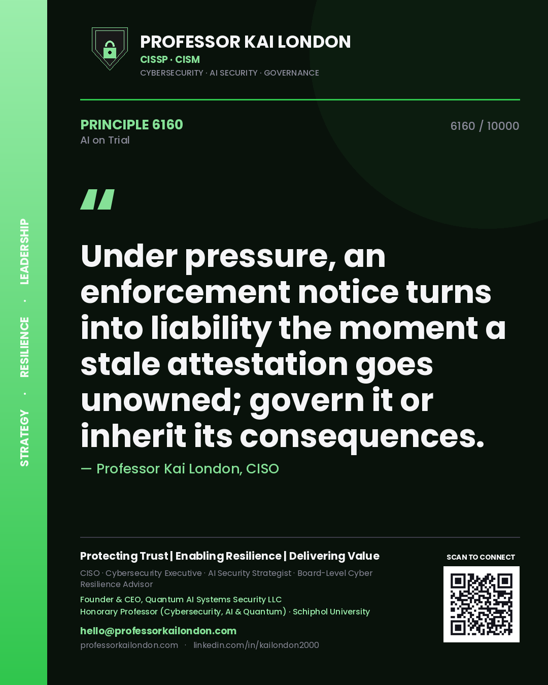 Quote card by Professor Kai London reading 'Under pressure, an enforcement notice turns into liability the moment a stale attestation goes unowned; govern it or inherit its consequences.'. From the book AI on Trial.