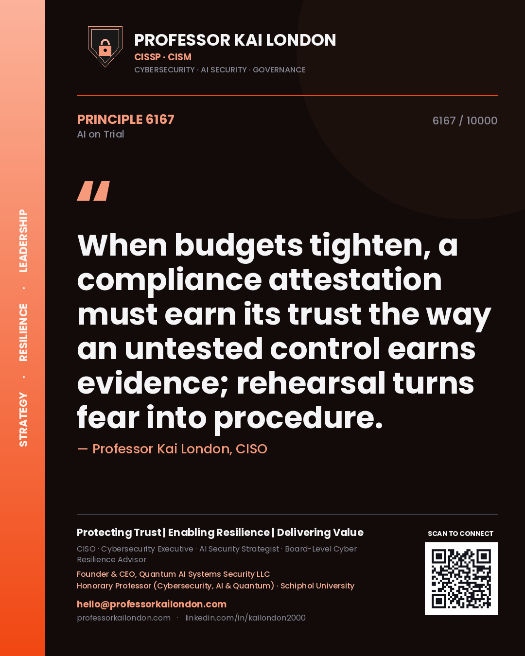 Quote card by Professor Kai London reading 'When budgets tighten, a compliance attestation must earn its trust the way an untested control earns evidence; rehearsal turns fear into procedure.'. From the book AI on Trial.