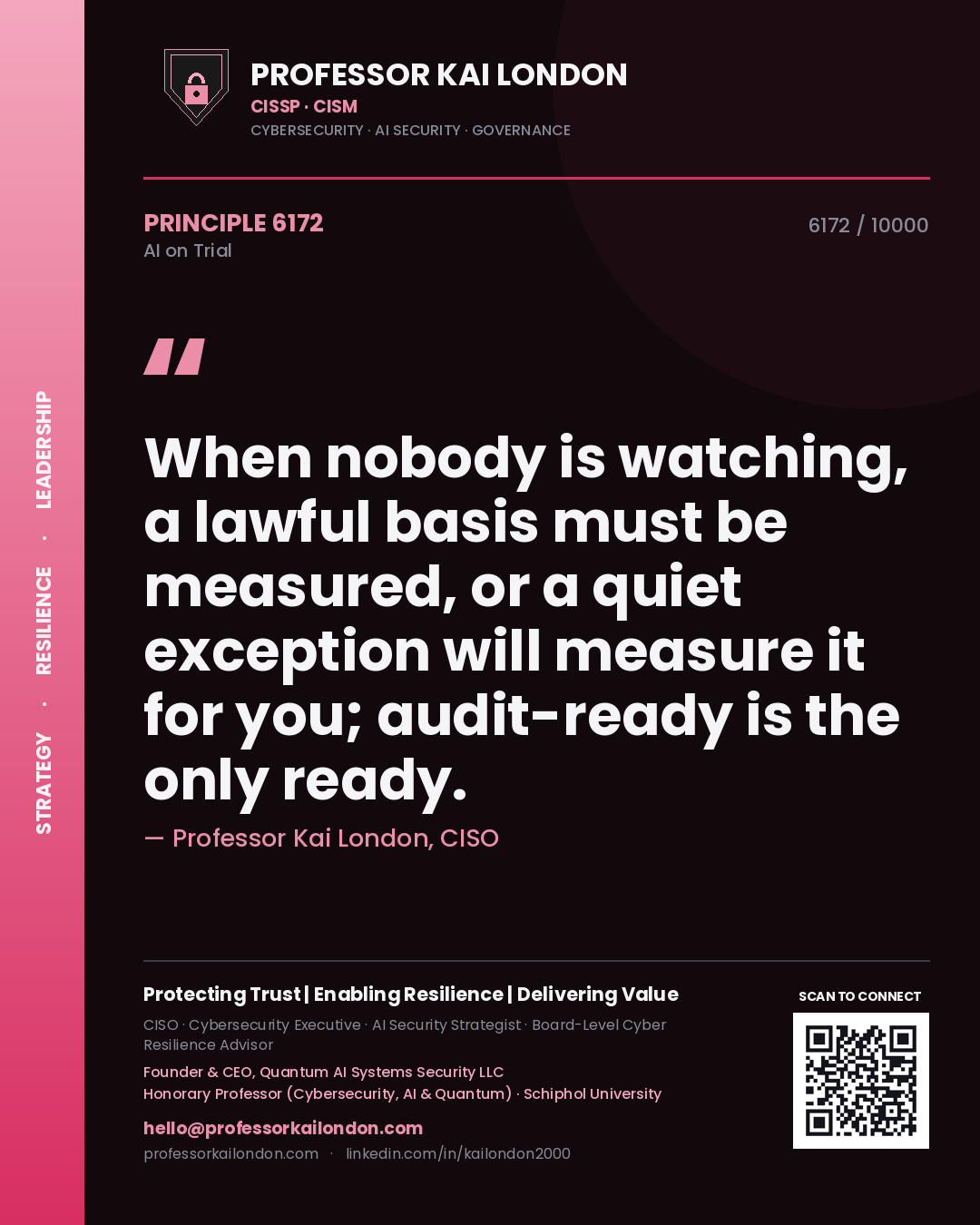 Quote card by Professor Kai London reading 'When nobody is watching, a lawful basis must be measured, or a quiet exception will measure it for you; audit-ready is the only ready.'. From the book AI on Trial.