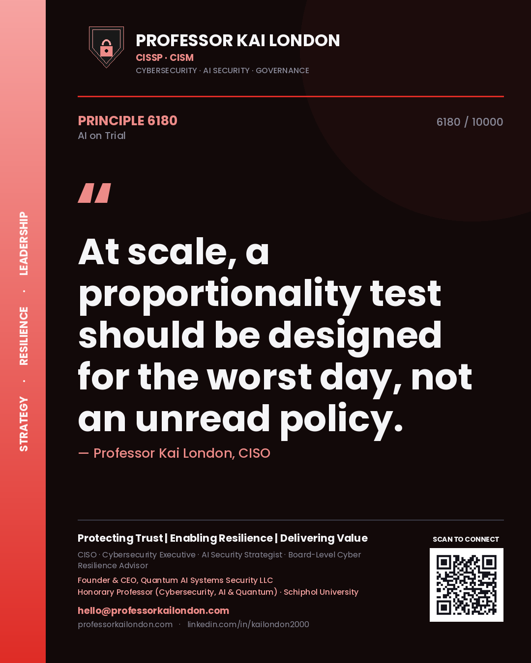 Quote card by Professor Kai London reading 'At scale, a proportionality test should be designed for the worst day, not an unread policy.'. From the book AI on Trial.