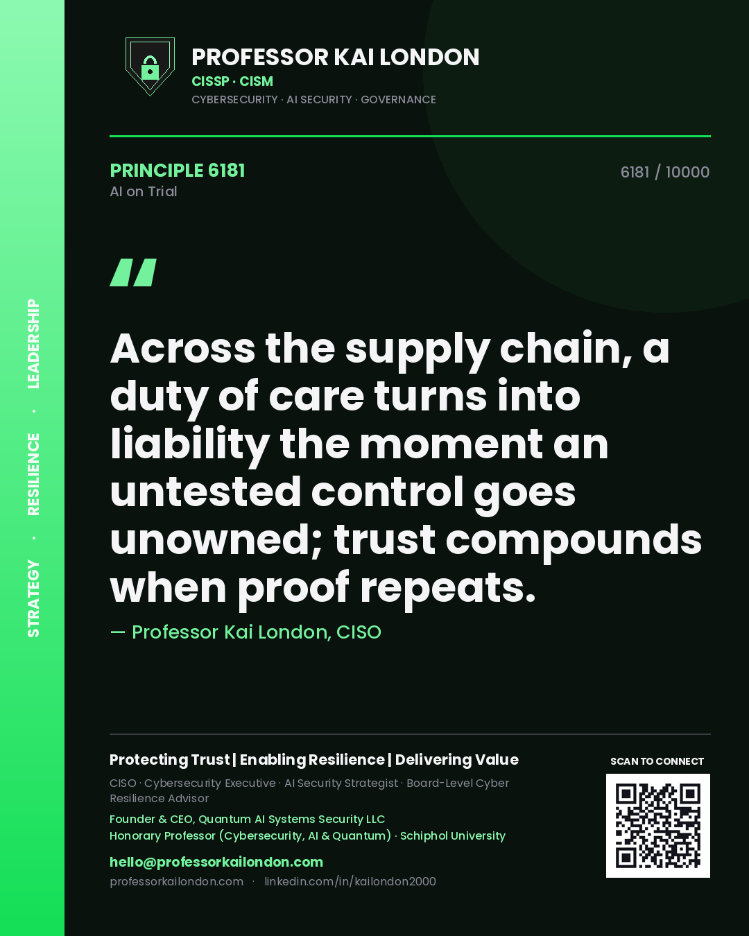 Quote card by Professor Kai London reading 'Across the supply chain, a duty of care turns into liability the moment an untested control goes unowned; trust compounds when proof repeats.'. From the book AI on Trial.