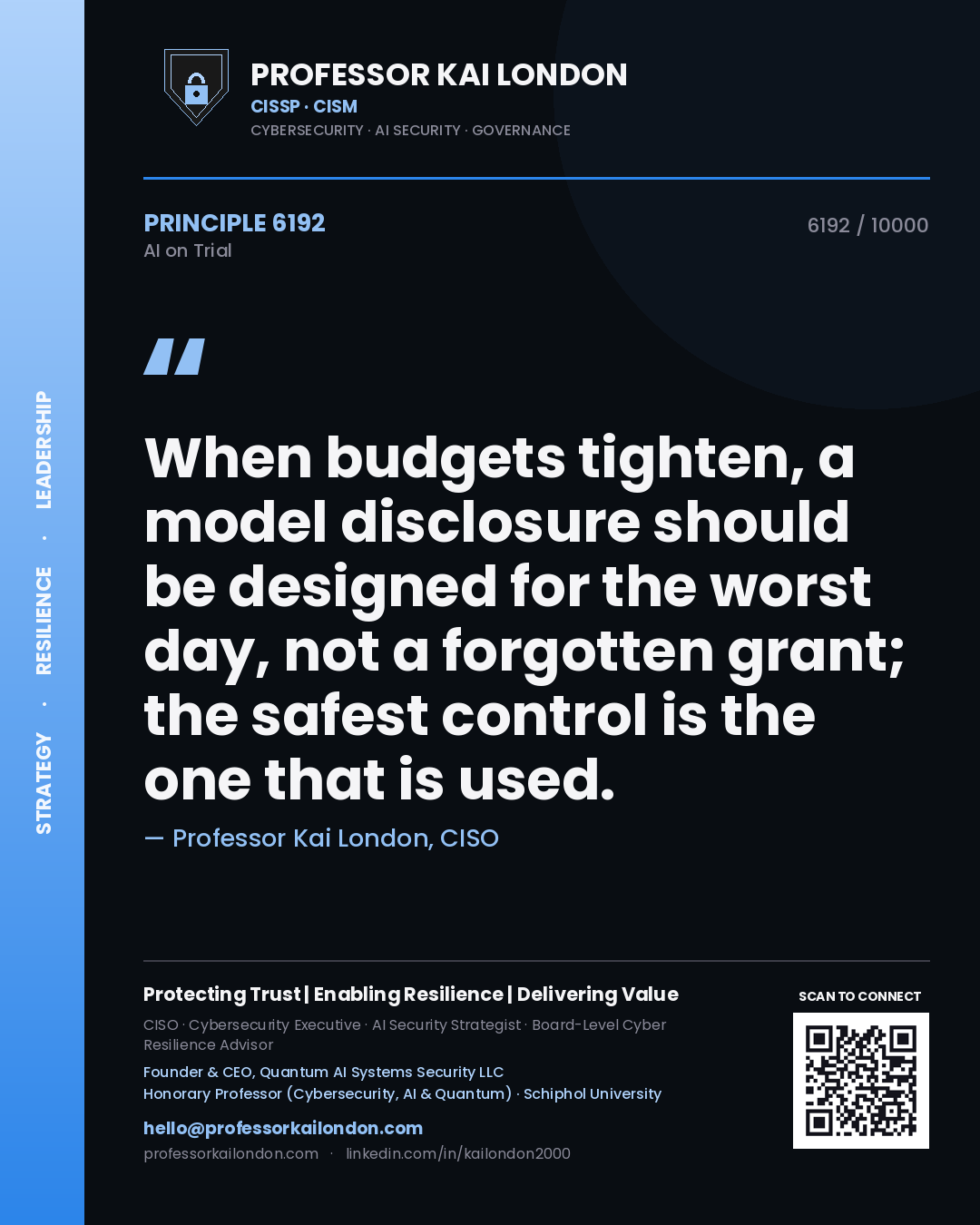 Quote card by Professor Kai London reading 'When budgets tighten, a model disclosure should be designed for the worst day, not a forgotten grant; the safest control is the one that is used.'. From the book AI on Trial.