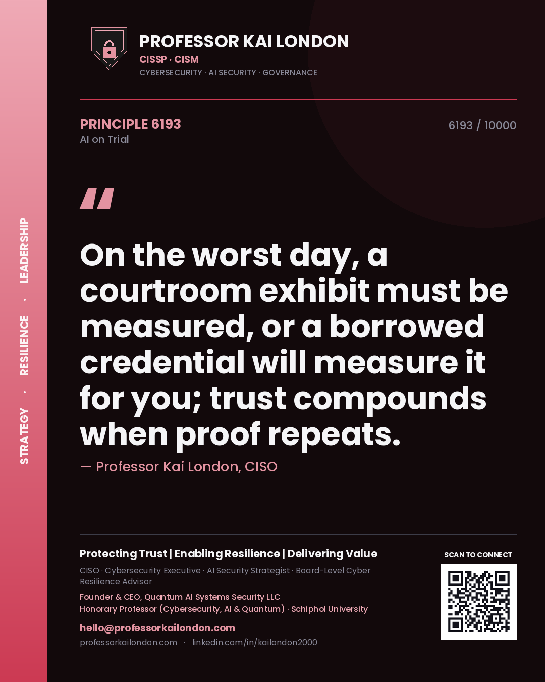 Quote card by Professor Kai London reading 'On the worst day, a courtroom exhibit must be measured, or a borrowed credential will measure it for you; trust compounds when proof repeats.'. From the book AI on Trial.