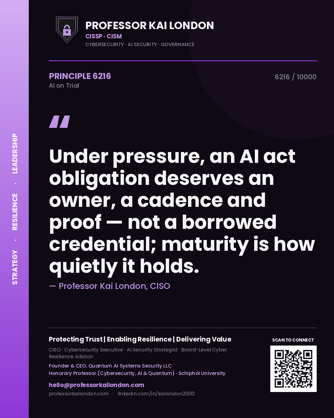 Professor Kai London principle 6216: Under pressure, an AI act obligation deserves an owner, a cadence and proof — not a borrowed credential; maturity is how quietly it holds.