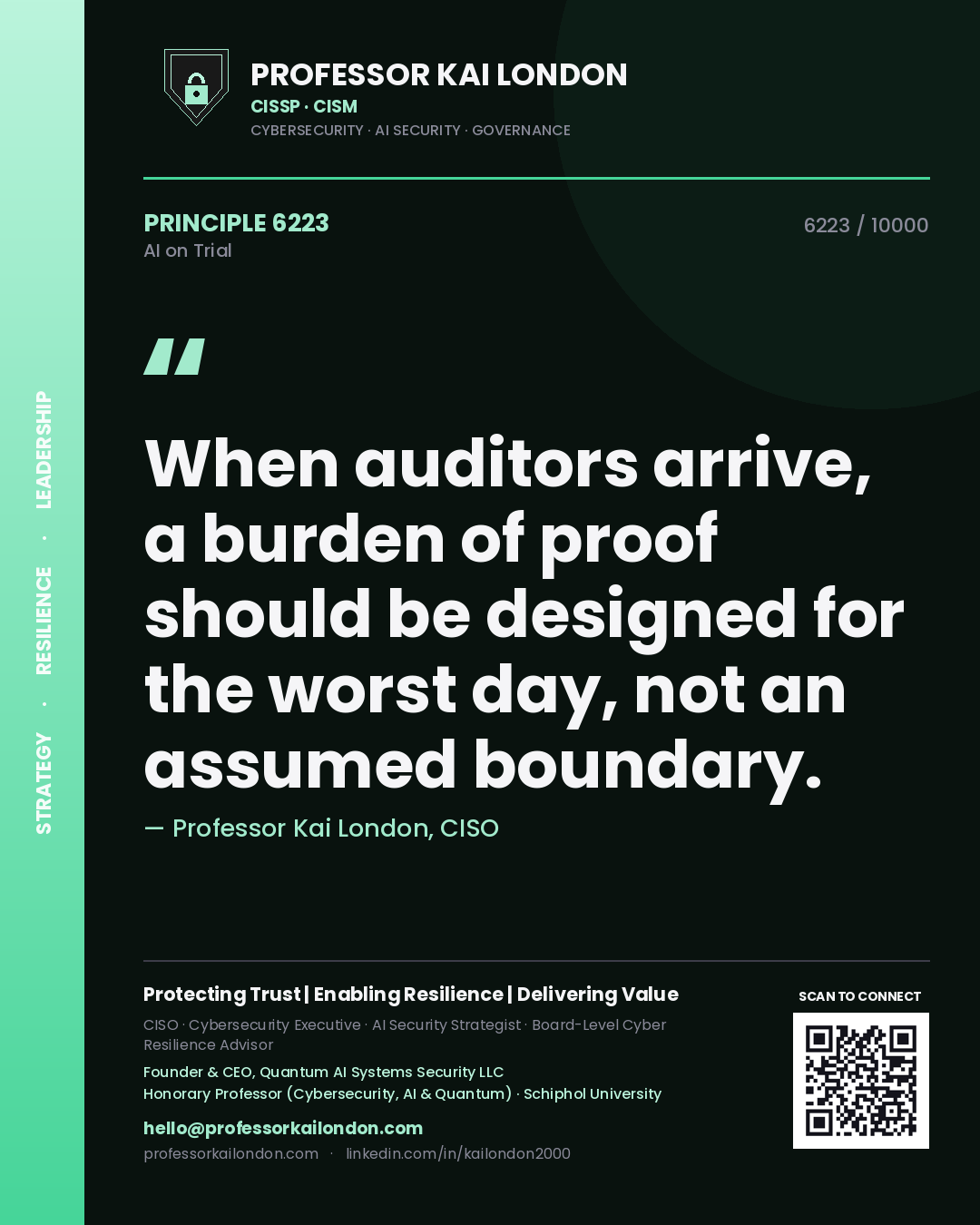 Quote card by Professor Kai London reading 'When auditors arrive, a burden of proof should be designed for the worst day, not an assumed boundary.'. From the book AI on Trial.
