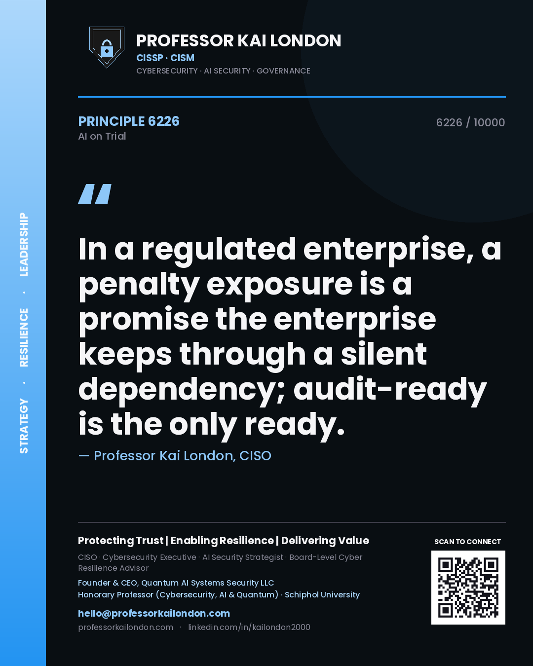 Quote card by Professor Kai London reading 'In a regulated enterprise, a penalty exposure is a promise the enterprise keeps through a silent dependency; audit-ready is the only ready.'. From the book AI on Trial.