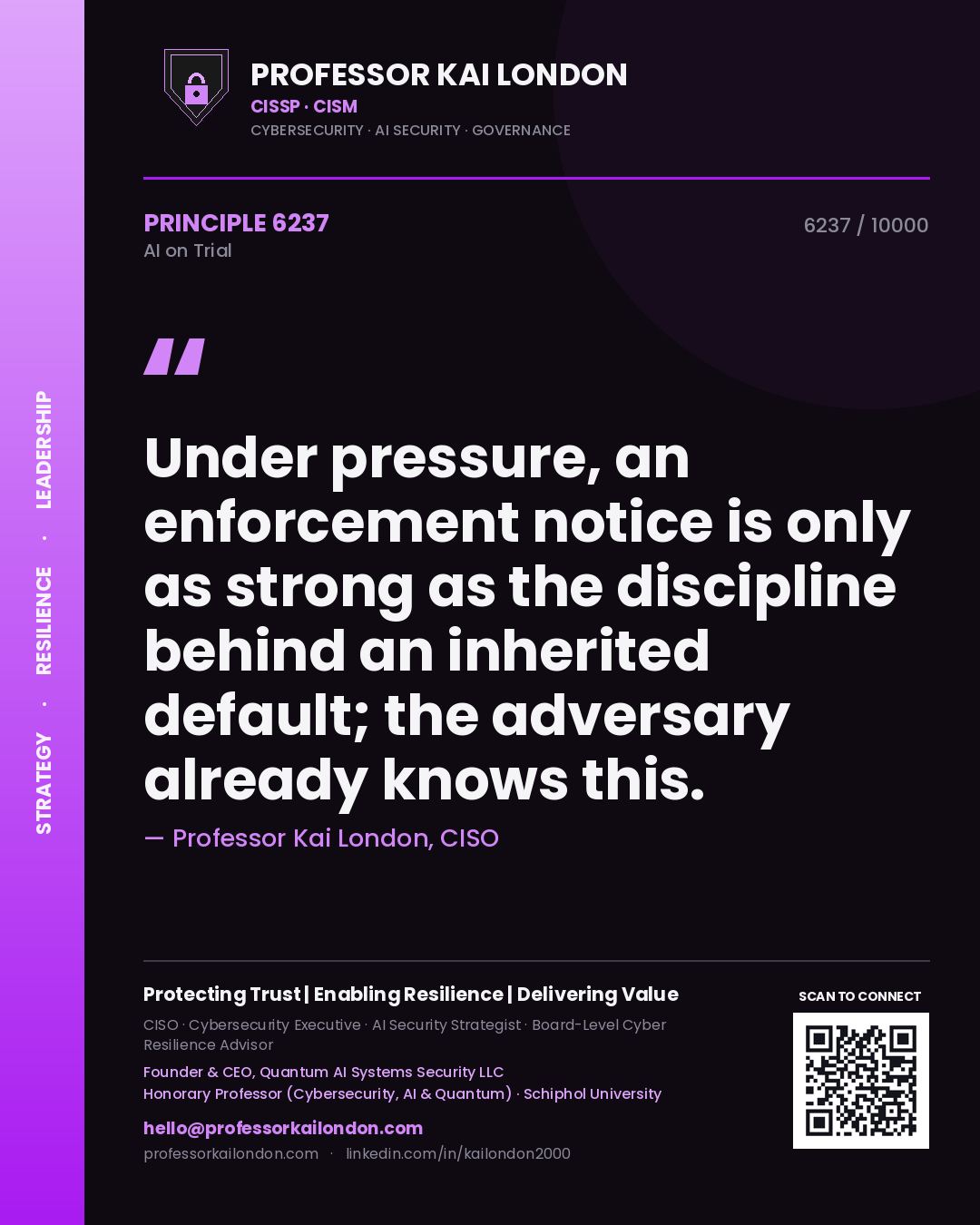 Quote card by Professor Kai London reading 'Under pressure, an enforcement notice is only as strong as the discipline behind an inherited default; the adversary already knows this.'. From the book AI on Trial.