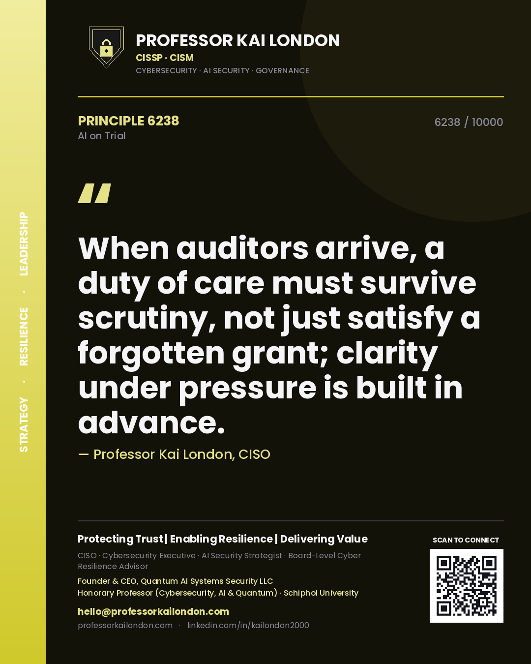 Quote card by Professor Kai London reading 'When auditors arrive, a duty of care must survive scrutiny, not just satisfy a forgotten grant; clarity under pressure is built in advance.'. From the book AI on Trial.