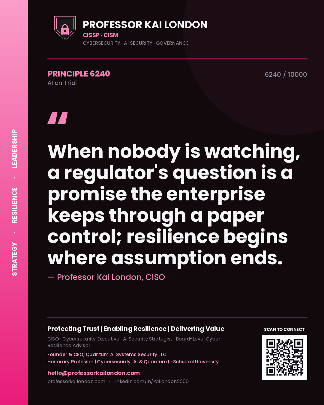 Quote card by Professor Kai London reading 'When nobody is watching, a regulator's question is a promise the enterprise keeps through a paper control; resilience begins where assumption ends.'. From the book AI on Trial.