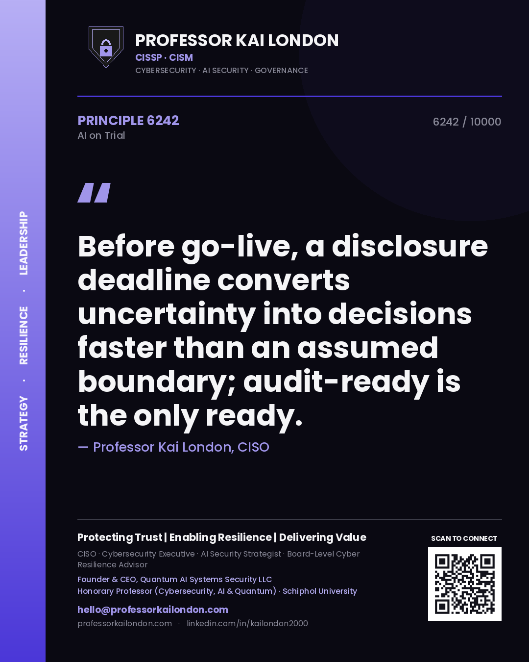 Professor Kai London principle 6242: Before go-live, a disclosure deadline converts uncertainty into decisions faster than an assumed boundary; audit-ready is the only ready.