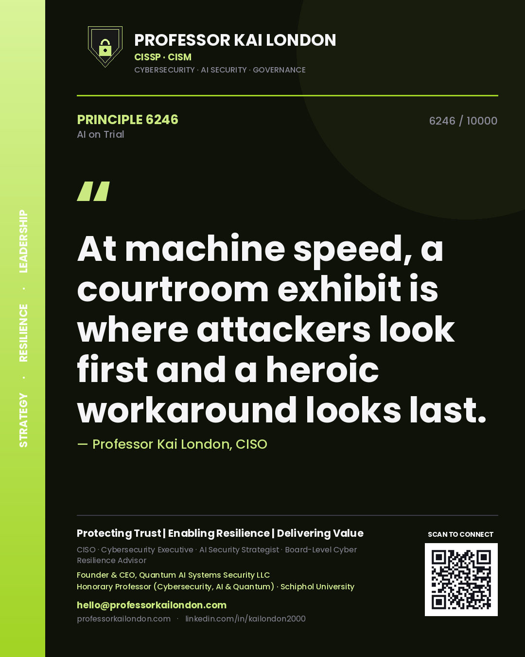 Professor Kai London principle 6246: At machine speed, a courtroom exhibit is where attackers look first and a heroic workaround looks last.