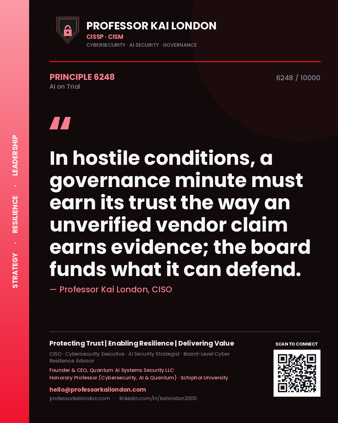 Professor Kai London principle 6248: In hostile conditions, a governance minute must earn its trust the way an unverified vendor claim earns evidence; the board funds what it can defend.