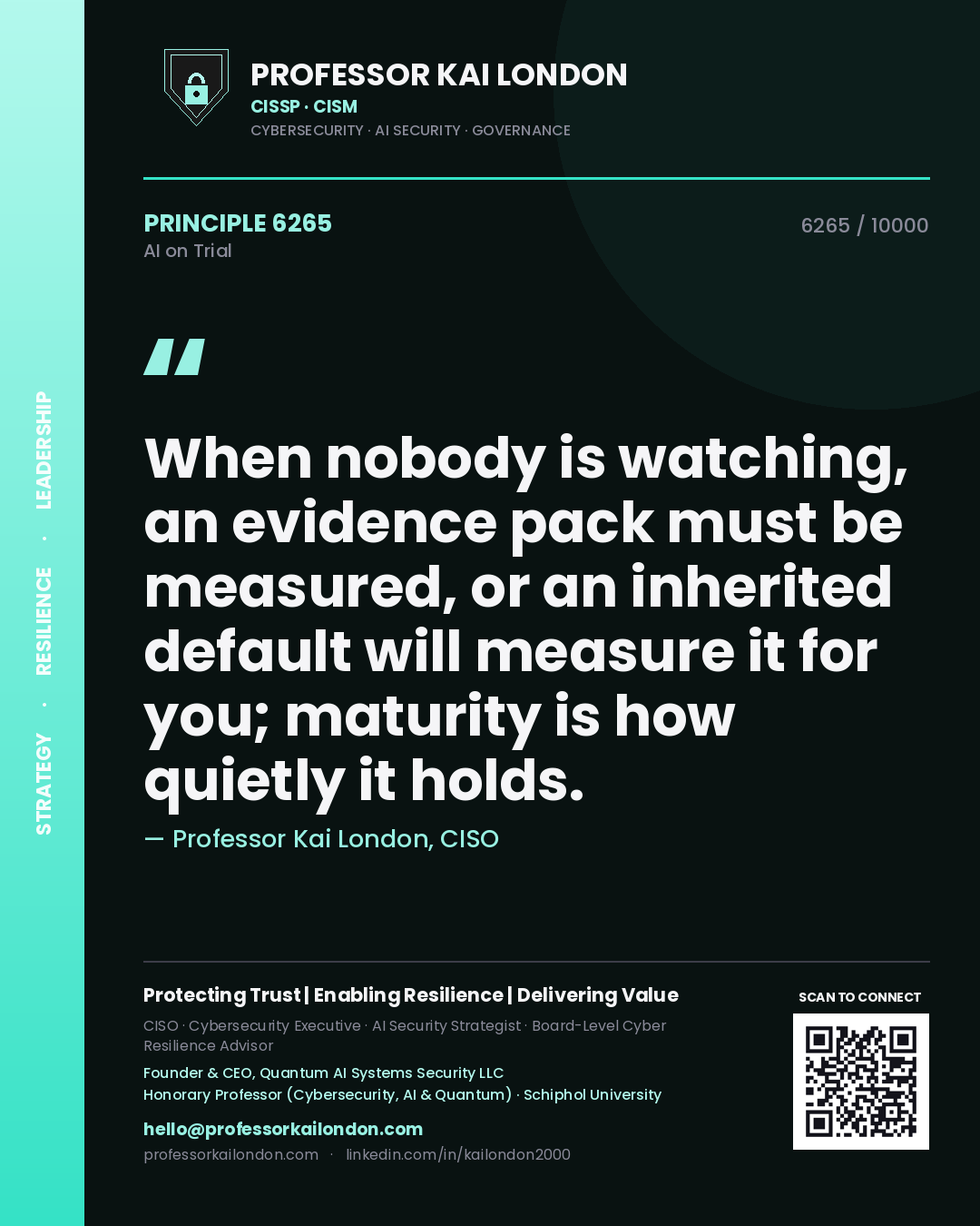 Quote card by Professor Kai London reading 'When nobody is watching, an evidence pack must be measured, or an inherited default will measure it for you; maturity is how quietly it holds.'. From the book AI on Trial.
