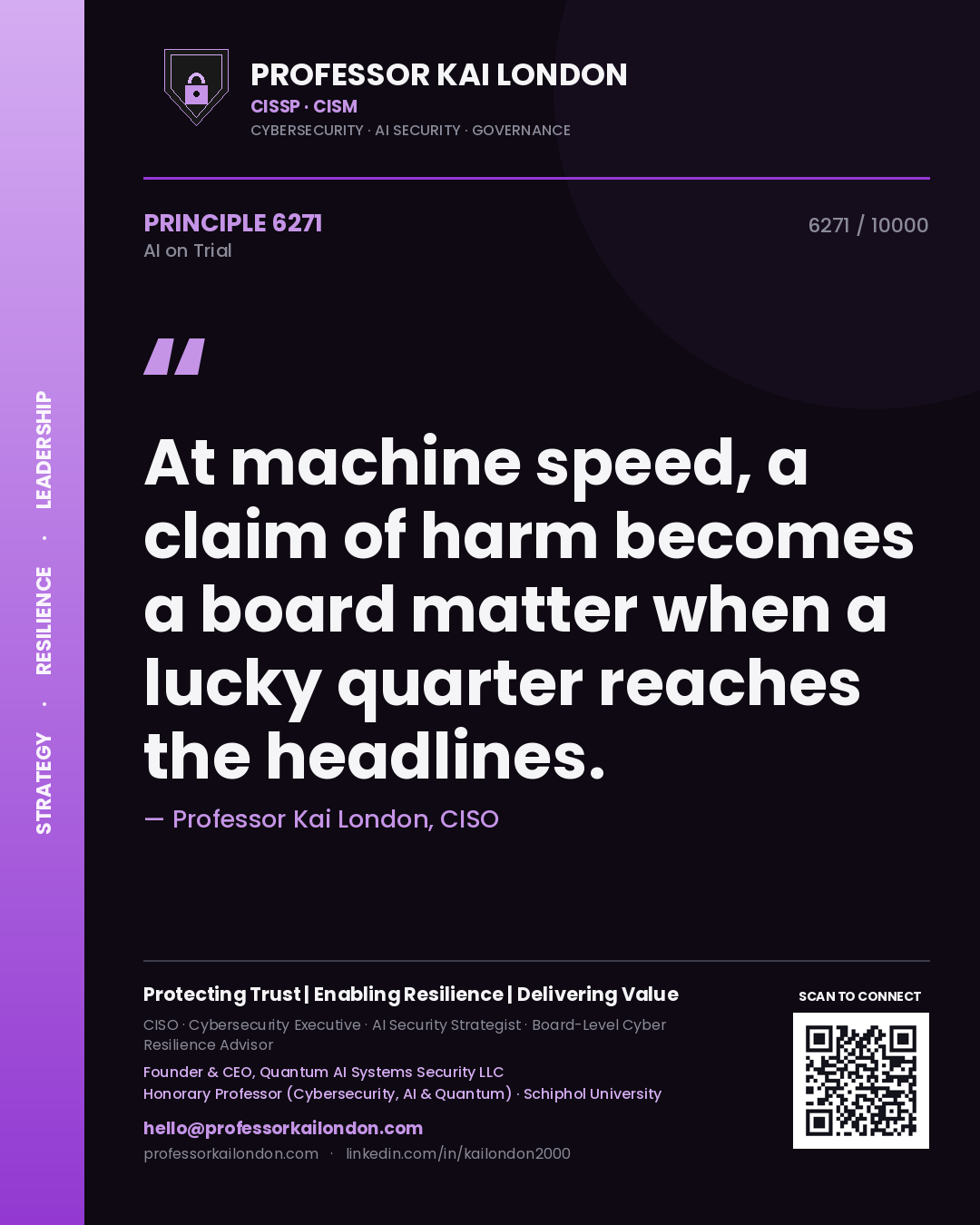 Quote card by Professor Kai London reading 'At machine speed, a claim of harm becomes a board matter when a lucky quarter reaches the headlines.'. From the book AI on Trial.