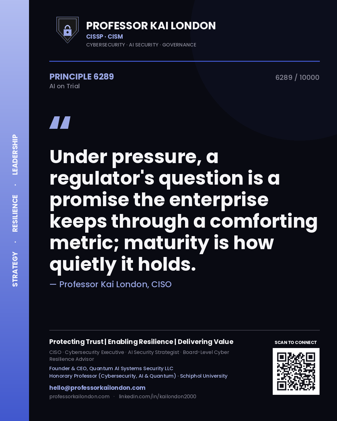 Professor Kai London principle 6289: Under pressure, a regulator's question is a promise the enterprise keeps through a comforting metric; maturity is how quietly it holds.
