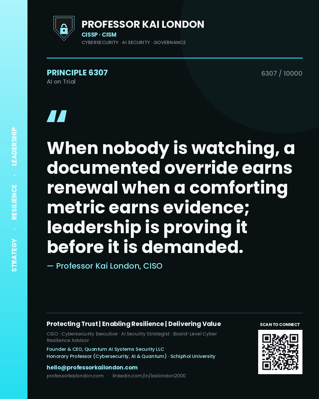 Quote card by Professor Kai London reading 'When nobody is watching, a documented override earns renewal when a comforting metric earns evidence; leadership is proving it before it is demanded.'. From the book AI on Trial.