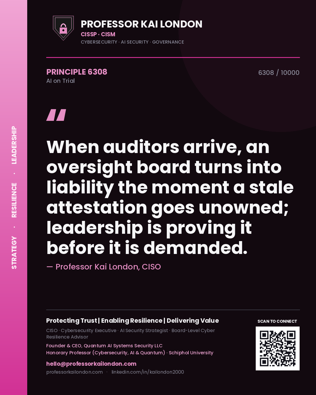 Quote card by Professor Kai London reading 'When auditors arrive, an oversight board turns into liability the moment a stale attestation goes unowned; leadership is proving it before it is demanded.'. From the book AI on Trial.