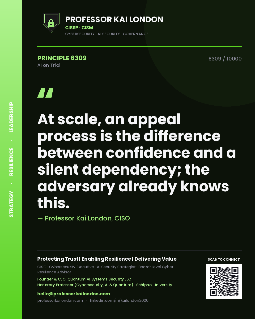 Quote card by Professor Kai London reading 'At scale, an appeal process is the difference between confidence and a silent dependency; the adversary already knows this.'. From the book AI on Trial.