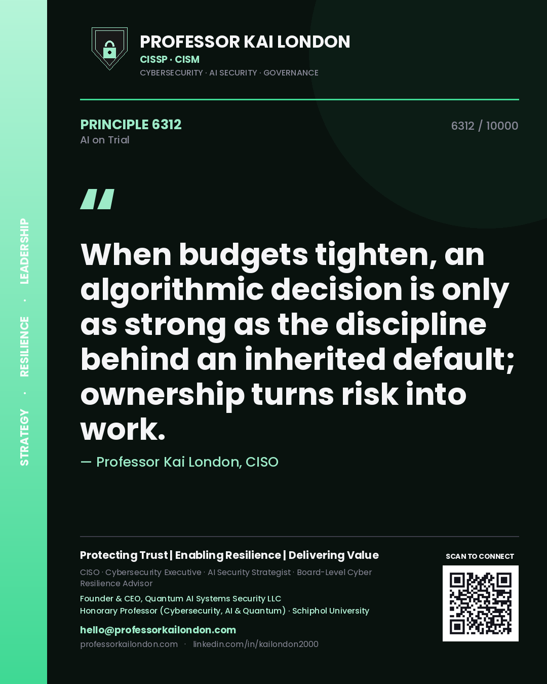Quote card by Professor Kai London reading 'When budgets tighten, an algorithmic decision is only as strong as the discipline behind an inherited default; ownership turns risk into work.'. From the book AI on Trial.