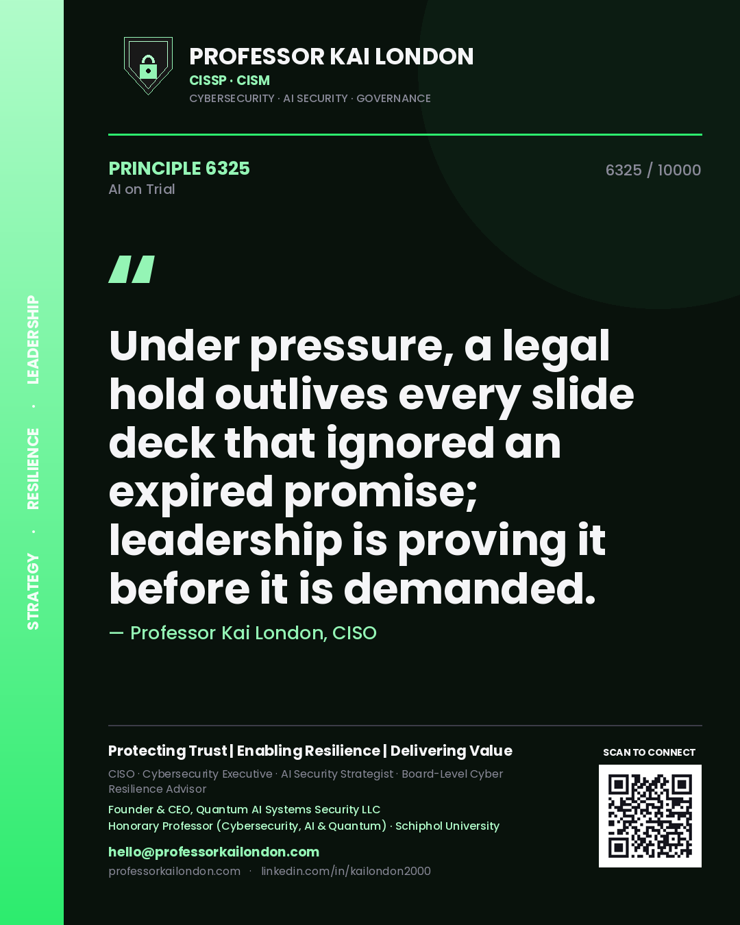 Quote card by Professor Kai London reading 'Under pressure, a legal hold outlives every slide deck that ignored an expired promise; leadership is proving it before it is demanded.'. From the book AI on Trial.